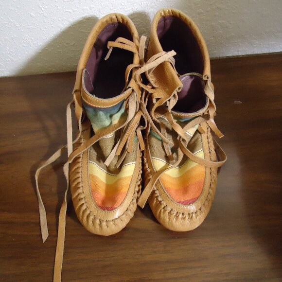 Gorgeous Sz 6 L & B Fringed Moccasins Slip On leather Aztec Boots Shoes - Picture 4 of 13
